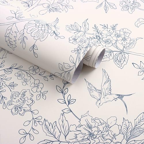 Bairivo Cream Blue Vintage Floral Peel and Stick Wallpaper, Removable Self-Adhesive Wall Paper for Bedroom Bathroom, 17.7in x 118.1in