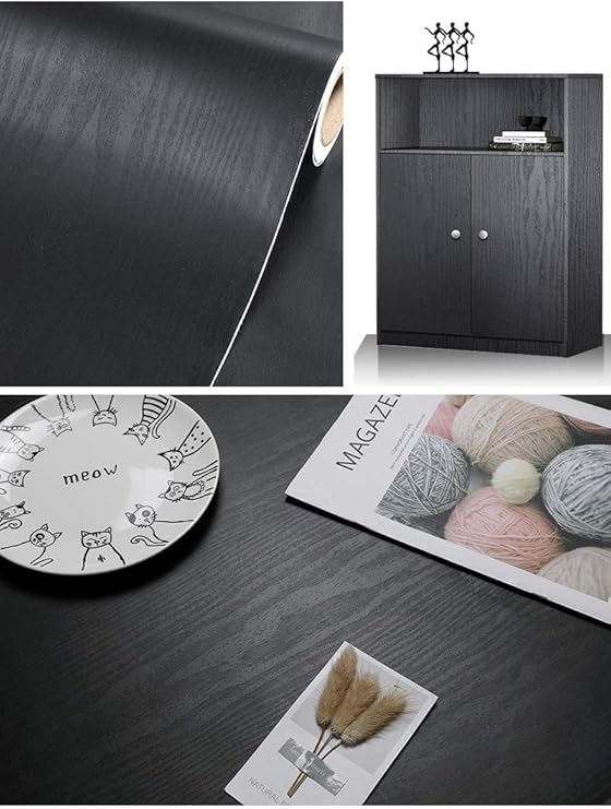 Bairivo Black Wood Grain Peel and Stick Wallpaper, Self-Adhesive Contact Paper for Kitchen Countertop Furniture, 17.7in x 118in