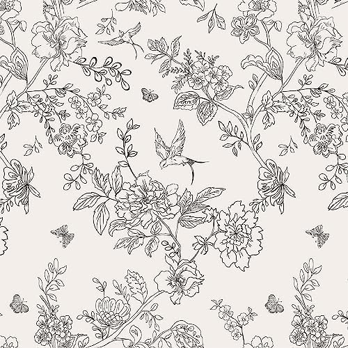 Bairivo Cream Blue Vintage Floral Peel and Stick Wallpaper, Removable Self-Adhesive Wall Paper for Bedroom Bathroom, 17.7in x 118.1in