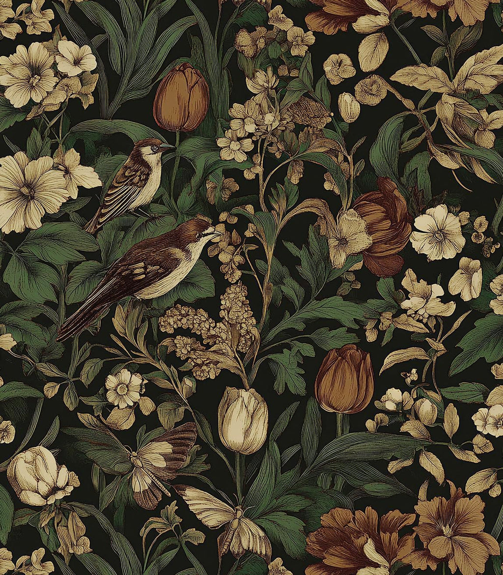 Bairivo Dark Vintage Floral Bird Peel and Stick Wallpaper, Removable Self-Adhesive Wall Paper for Bedroom Cabinets, 17.3in x 118in
