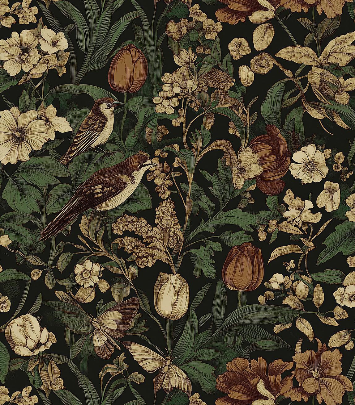 Bairivo Dark Vintage Floral Bird Peel and Stick Wallpaper, Removable Self-Adhesive Wall Paper for Bedroom Cabinets, 17.3in x 118in