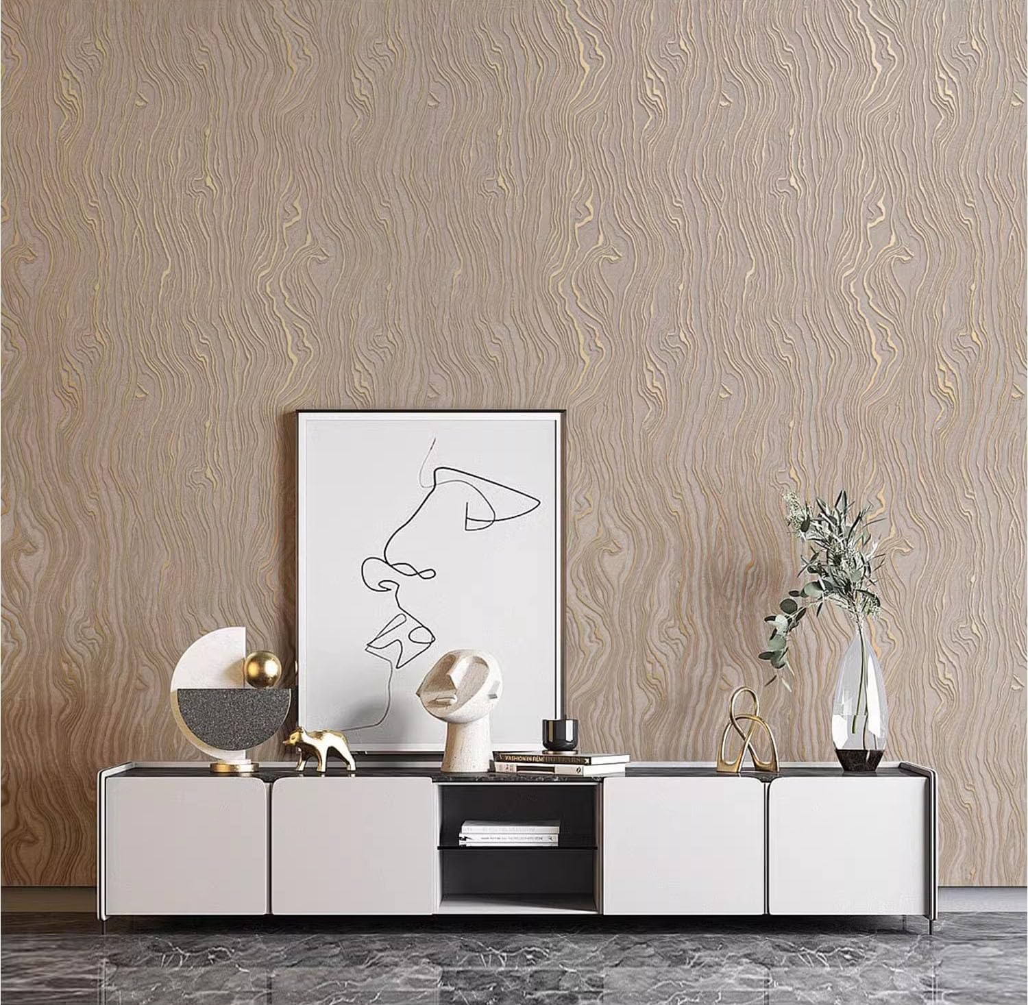 Bairivo Gold Khaki Wood Stripe Peel and Stick Wallpaper, Removable Self-Adhesive Wall Paper for Bathroom Bedroom, 20.8in x 118in