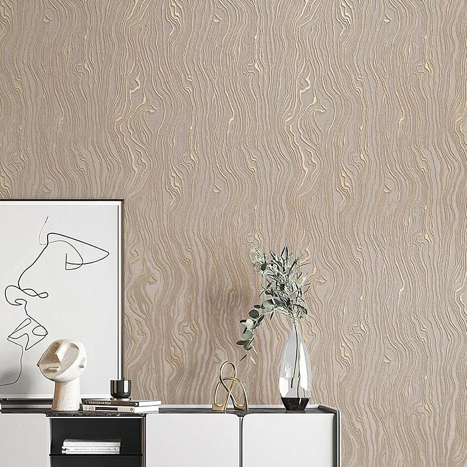 Bairivo Gold Khaki Wood Stripe Peel and Stick Wallpaper, Removable Self-Adhesive Wall Paper for Bathroom Bedroom, 20.8in x 118in