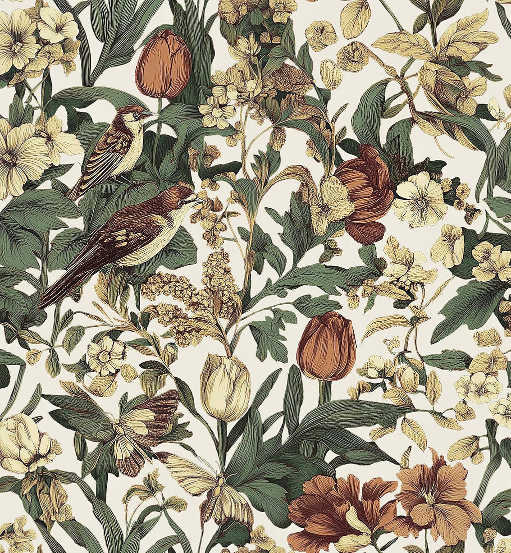 Bairivo Dark Vintage Floral Bird Peel and Stick Wallpaper, Removable Self-Adhesive Wall Paper for Bedroom Cabinets, 17.3in x 118in