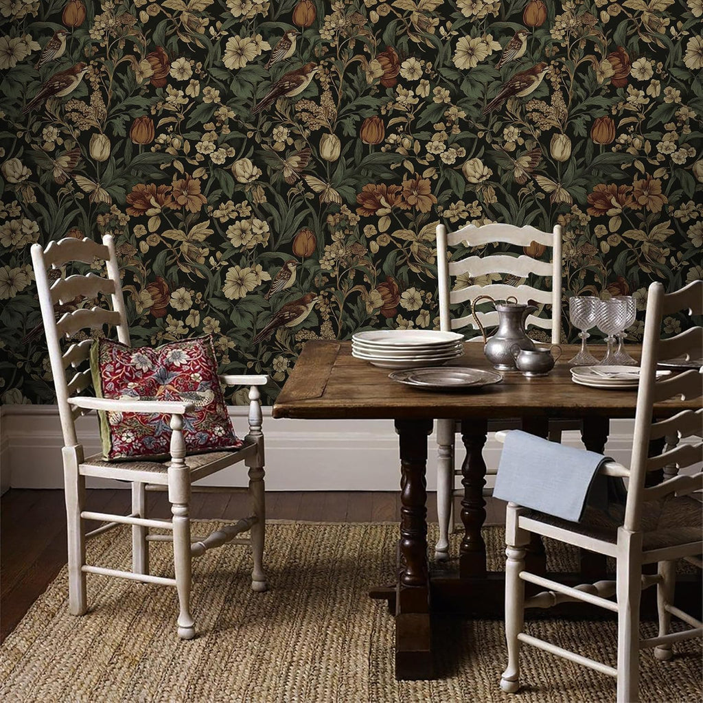 Bairivo Dark Vintage Floral Bird Peel and Stick Wallpaper, Removable Self-Adhesive Wall Paper for Bedroom Cabinets, 17.3in x 118in