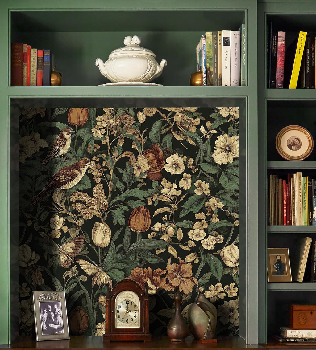 Bairivo Dark Vintage Floral Bird Peel and Stick Wallpaper, Removable Self-Adhesive Wall Paper for Bedroom Cabinets, 17.3in x 118in