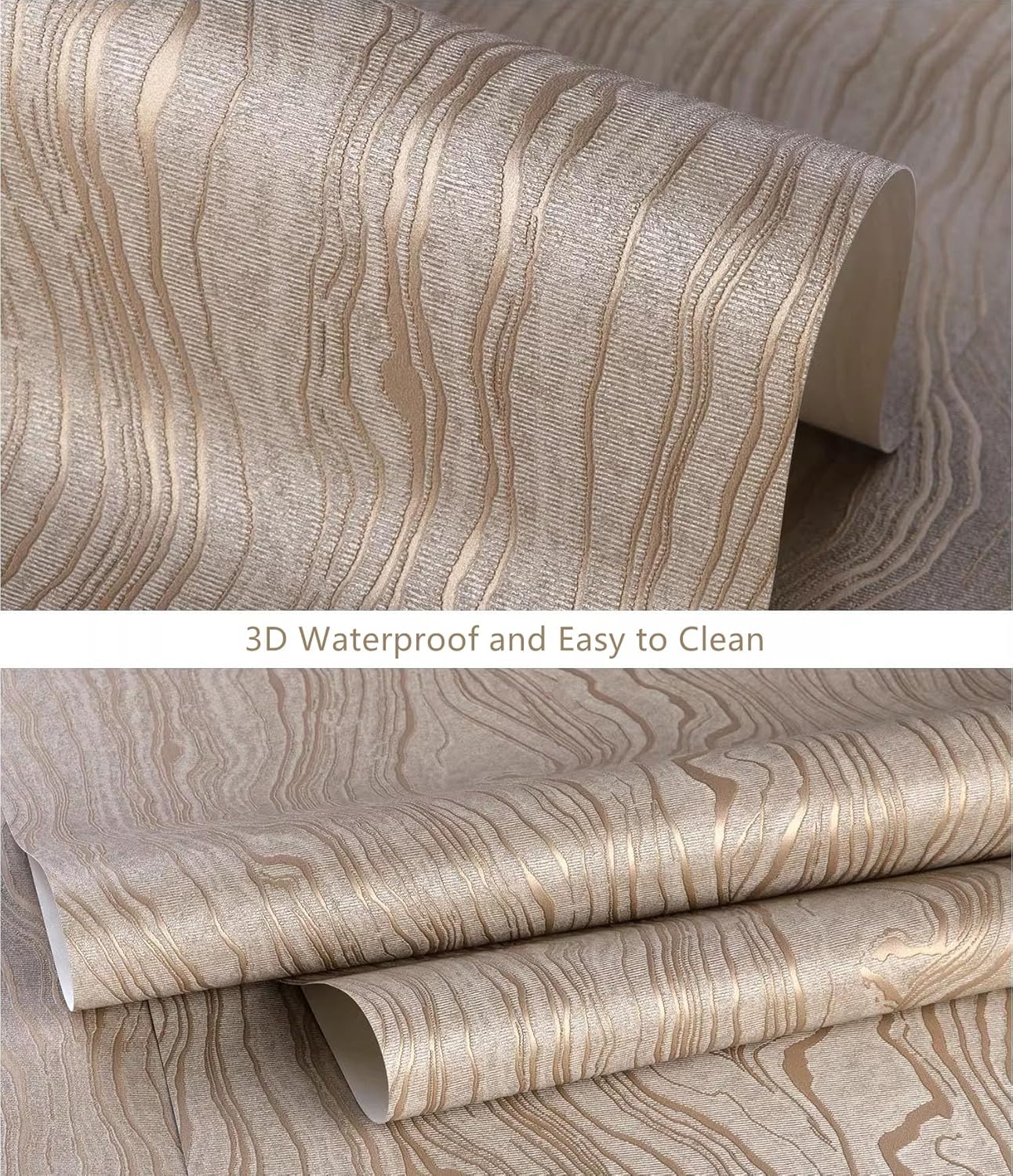 Bairivo Gold Khaki Wood Stripe Peel and Stick Wallpaper, Removable Self-Adhesive Wall Paper for Bathroom Bedroom, 20.8in x 118in