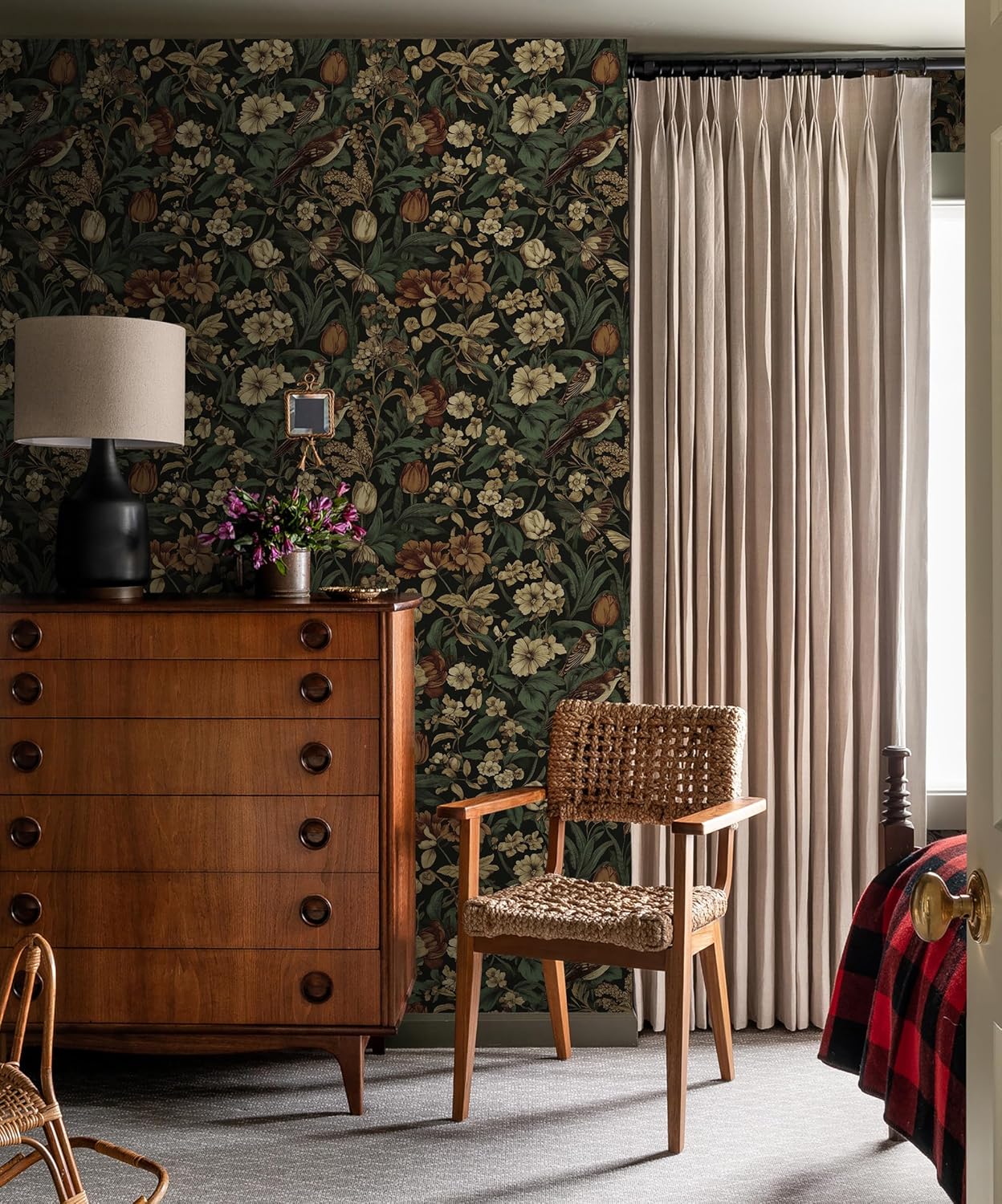 Bairivo Dark Vintage Floral Bird Peel and Stick Wallpaper, Removable Self-Adhesive Wall Paper for Bedroom Cabinets, 17.3in x 118in