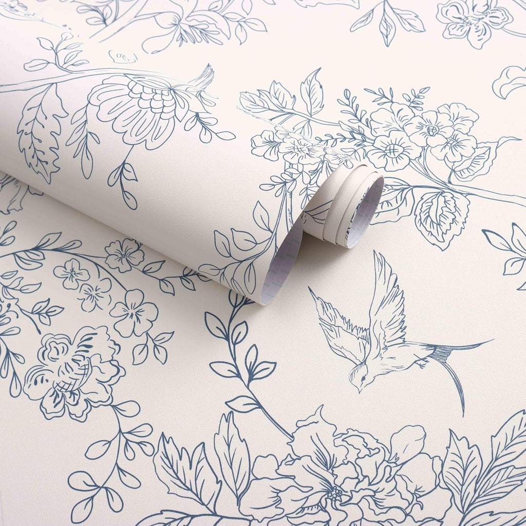 Bairivo Cream Blue Vintage Floral Peel and Stick Wallpaper, Removable Self-Adhesive Wall Paper for Bedroom Bathroom, 17.7in x 118.1in