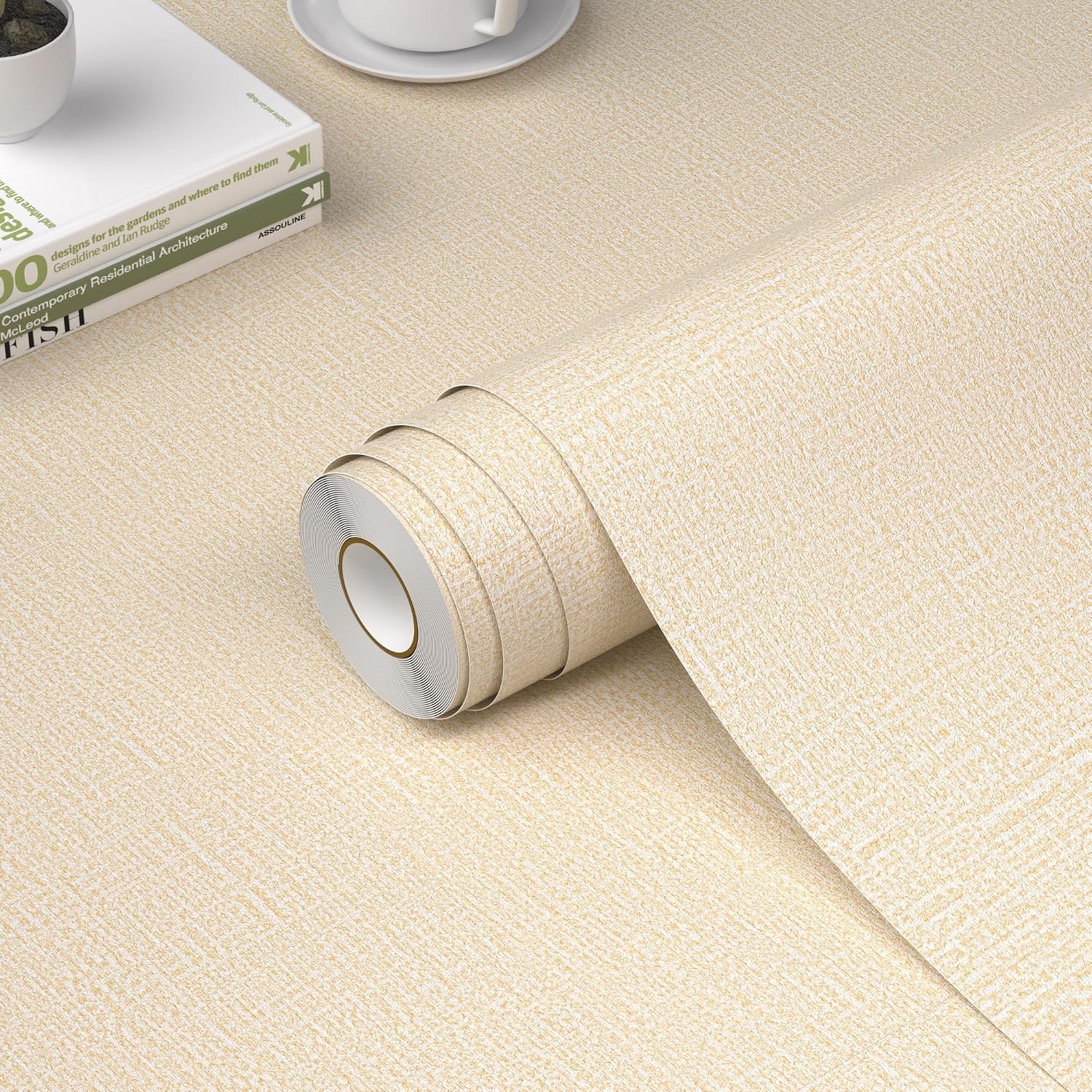 Bairivo Light Gray Grasscloth Textured Peel and Stick Wallpaper, Faux Linen Self-Adhesive Contact Paper for Cabinets, 15.7in x 78.7in
