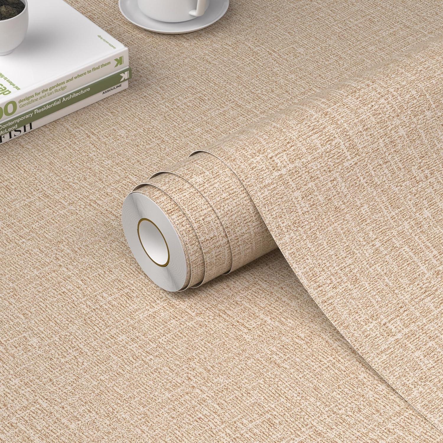 Bairivo Light Gray Grasscloth Textured Peel and Stick Wallpaper, Faux Linen Self-Adhesive Contact Paper for Cabinets, 15.7in x 78.7in