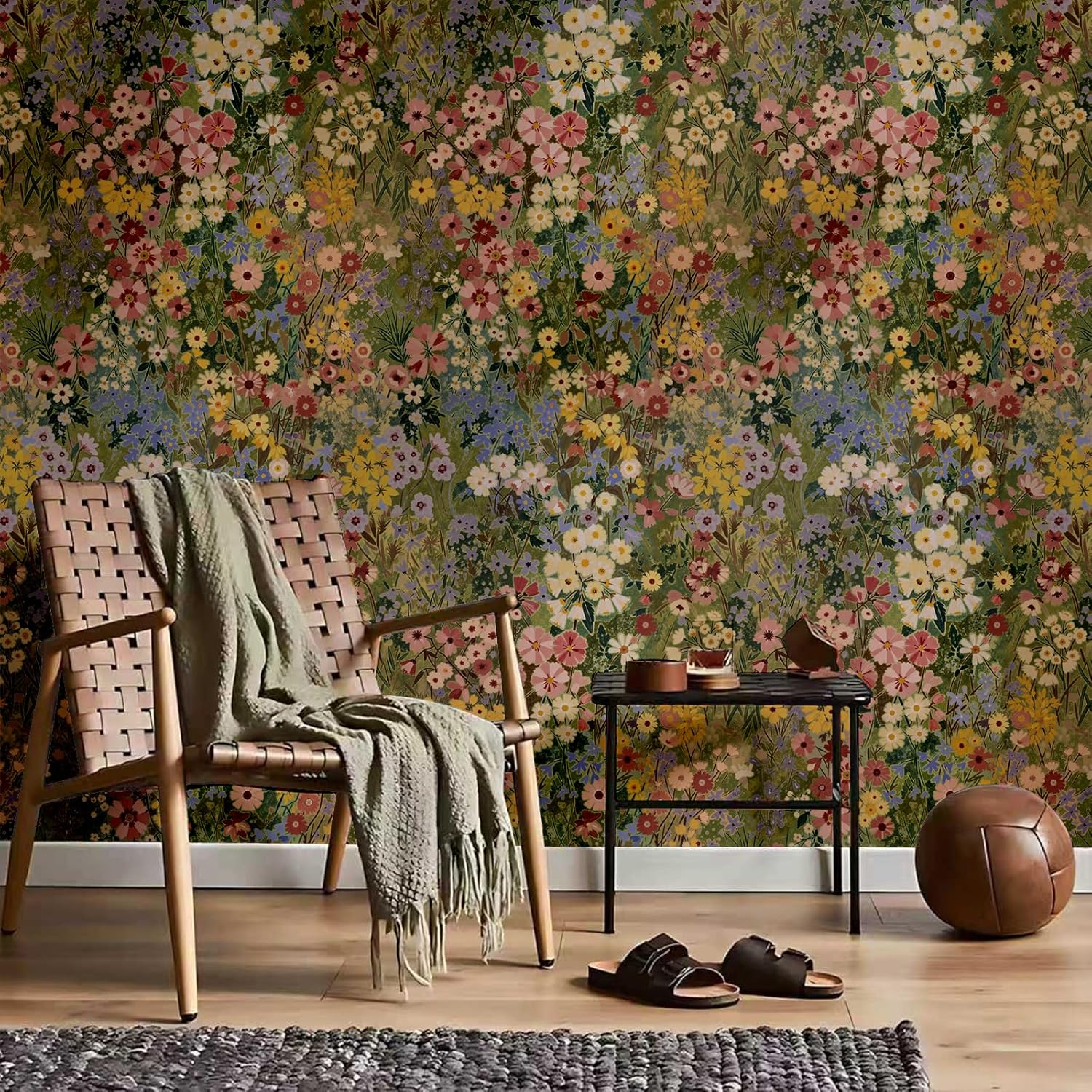 Bairivo Green Boho Floral Peel and Stick Wallpaper, Removable Waterproof Wall Paper for Bedroom Bathroom, 17.3in x 118in