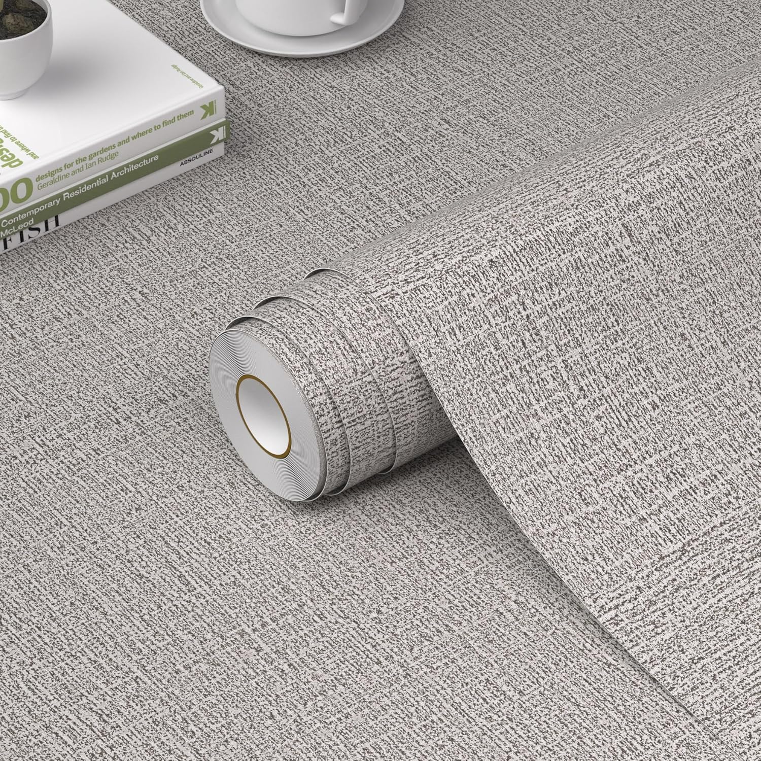 Bairivo Light Gray Grasscloth Textured Peel and Stick Wallpaper, Faux Linen Self-Adhesive Contact Paper for Cabinets, 15.7in x 78.7in